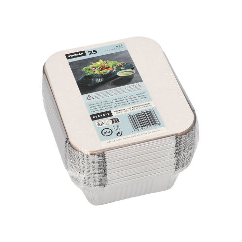 Pack 25 Aluminium Dishes with PE Coated Lids 0.5L 4.2 x 11.4 x 14cm