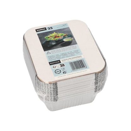 Pack 25 Aluminium Dishes with PE Coated Lids 0.5L 4.2 x 11.4 x 14cm